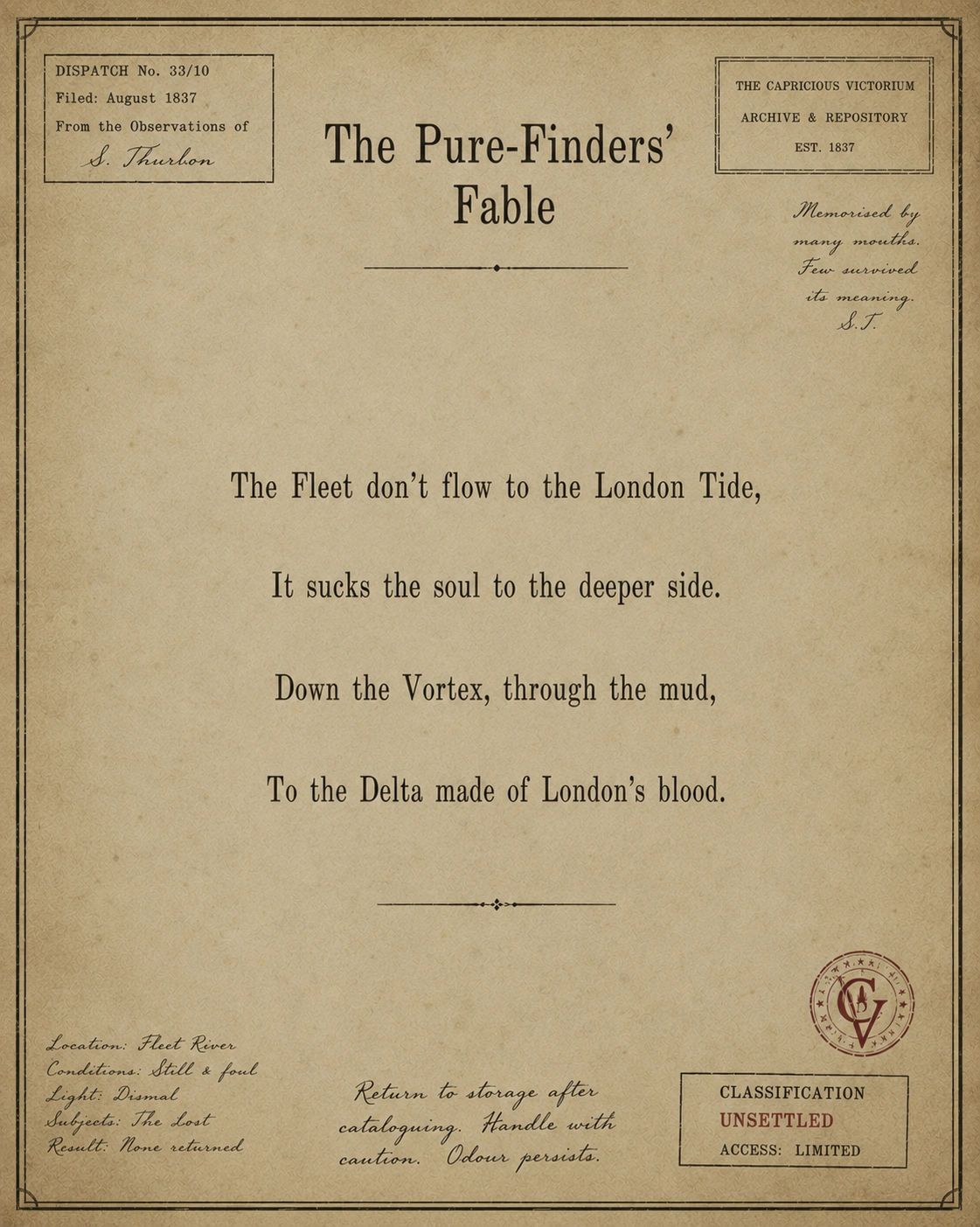 An old parchment titled 'The Pure-Finders' Fable' with a mysterious poem about the Fleet and London Tide.