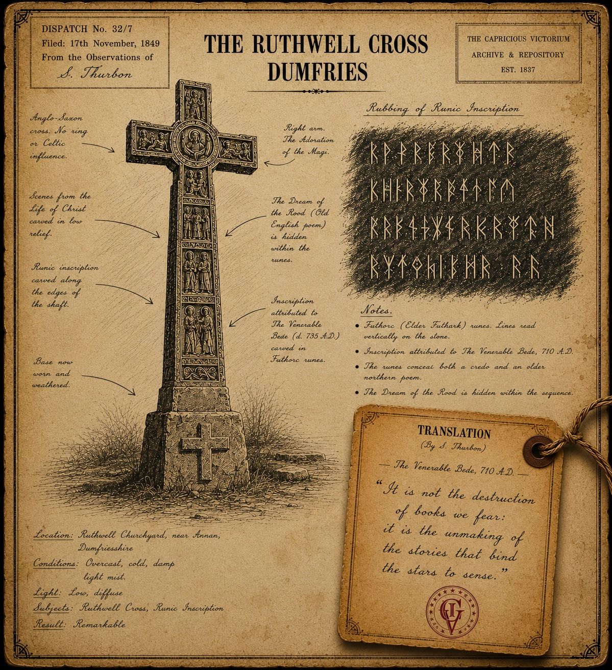 Detailed vintage-style illustration and notes on the Ruthwell Cross in Dumfries.