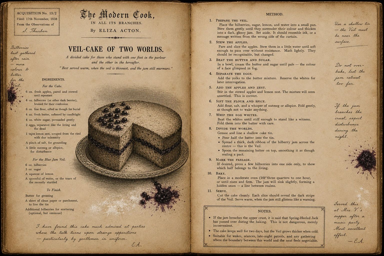 Vintage recipe for Veil-Cake of Two Worlds with detailed ingredients and method.