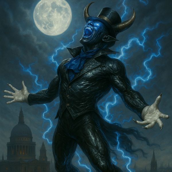 A blue-skinned horned figure in a top hat screams under a full moon with lightning.