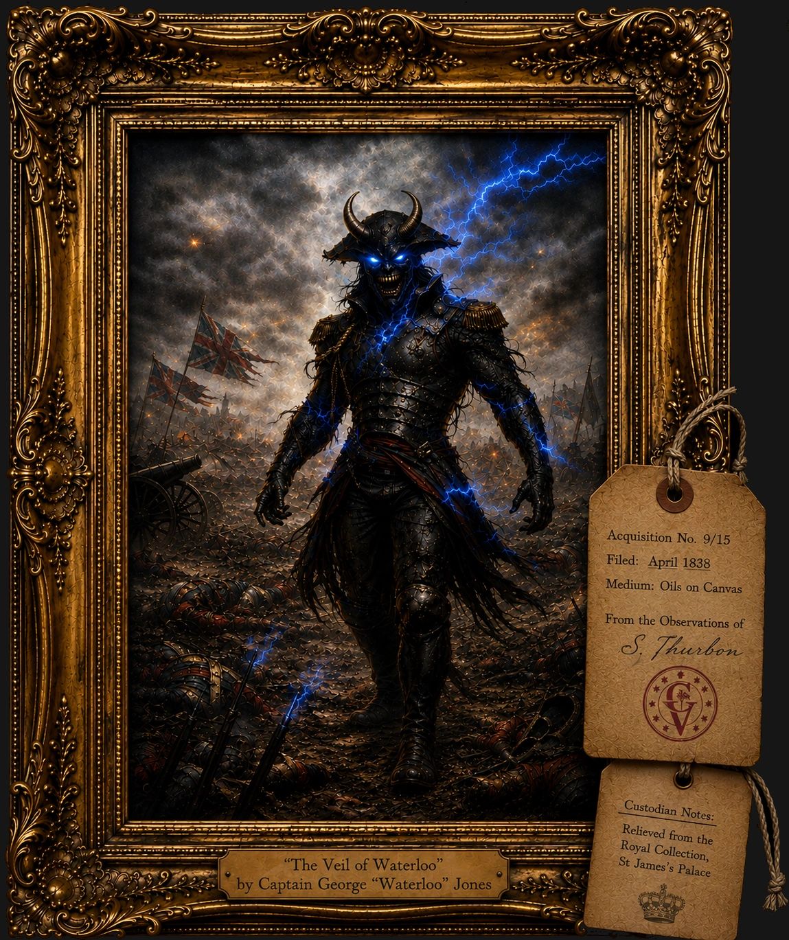 A dark armored figure with glowing blue eyes and lightning in a battlefield scene.