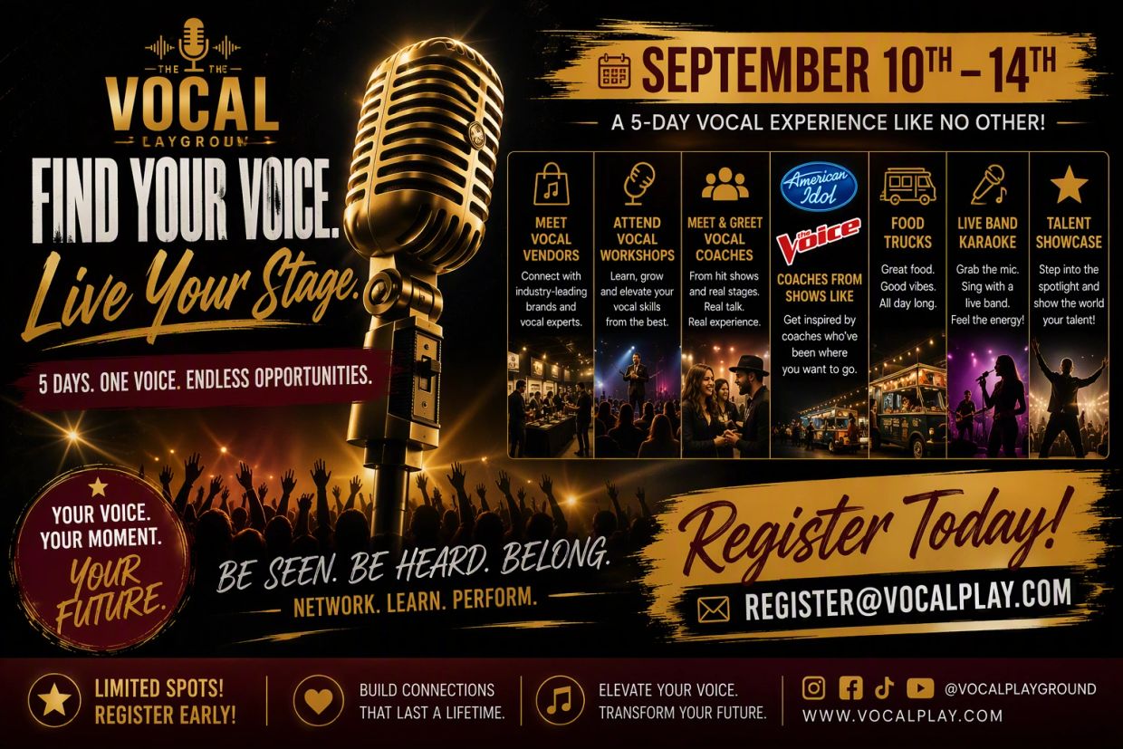 The Vocal Playground event registration flyer with dates and activities.