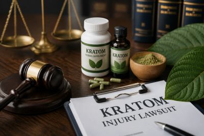 Kratom injury lawsuit concept with legal and botanical elements.