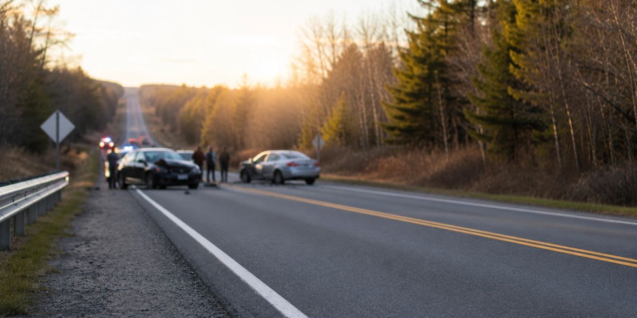 Two cars in an accident on a rural road with people standing nearby.