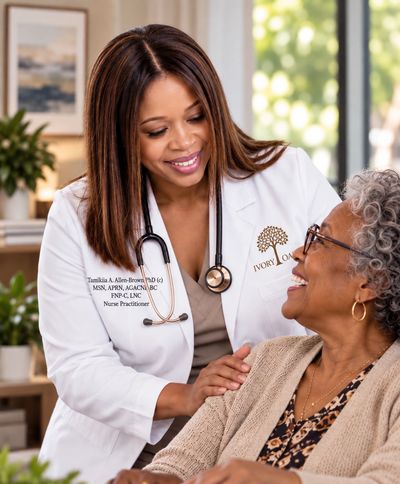 Nurse practitioner warmly interacting with elderly patient.