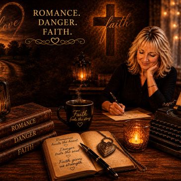 Woman writing with themes of romance, danger, and faith.