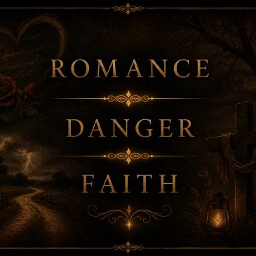 Words romance, danger, faith in a dark rustic setting.