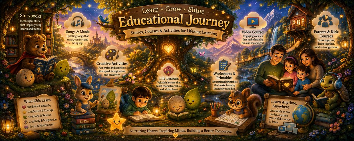 Whimsical educational journey scene with kids, animals, and learning themes.