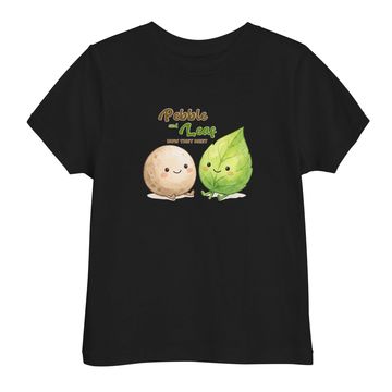 Cute cartoon of a smiling pebble and leaf on a black shirt.