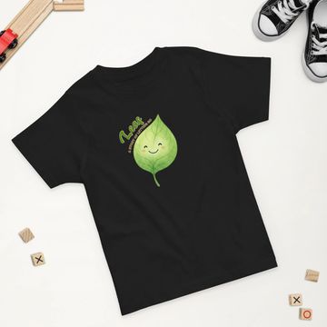 Kids black t-shirt with cute leaf design and toys.