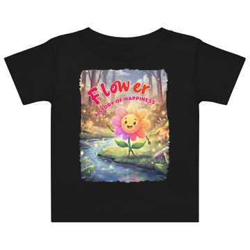 Happy flower character on a black shirt with a nature backdrop.