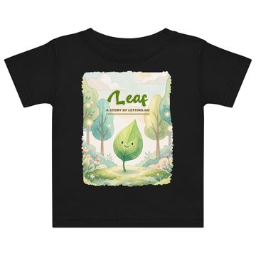 Black t-shirt with a cute cartoon leaf and nature scene.