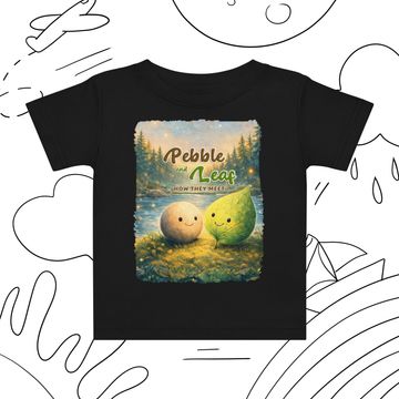 Cute Pebble and Leaf illustration on a black t-shirt for kids.