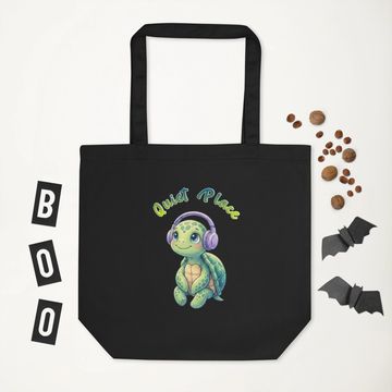 Black tote bag with a cute turtle and "Quiet Please" text.