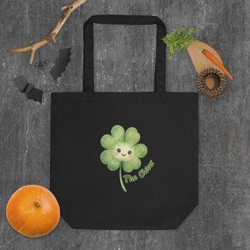 Black tote bag with a cute four-leaf clover design.