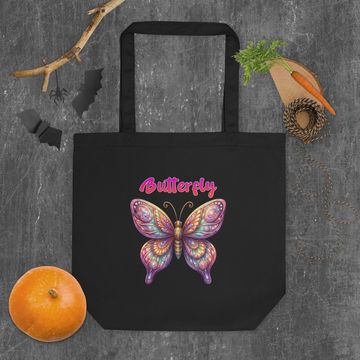 Black tote bag with colorful butterfly and text.