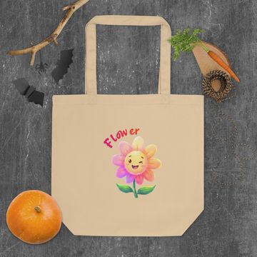 Beige tote bag with a smiling flower and the word 'Flower'.
