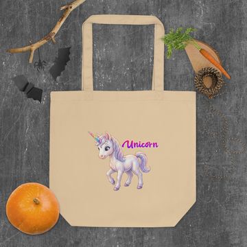 Beige tote bag with a cute unicorn design and the word "Unicorn".