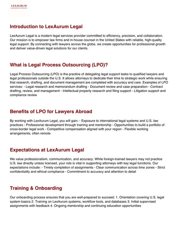 Overview of LexAurum Legal's services, LPO definition, benefits, expectations, and training process.