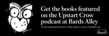 Advertisement for books featured on the Upstart Crow podcast at Bards Alley bookstore.