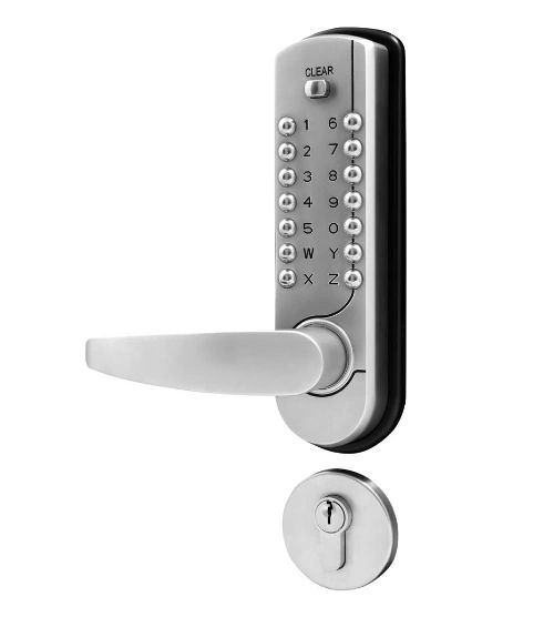 Metal keypad door lock with handle and keyhole for secure access.