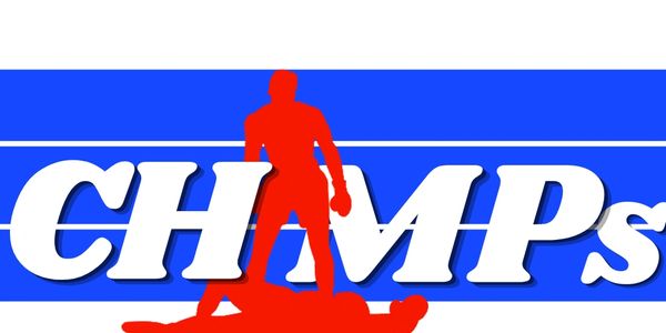 Silhouette of a boxer standing over a fallen opponent with the word CHAMPs.
