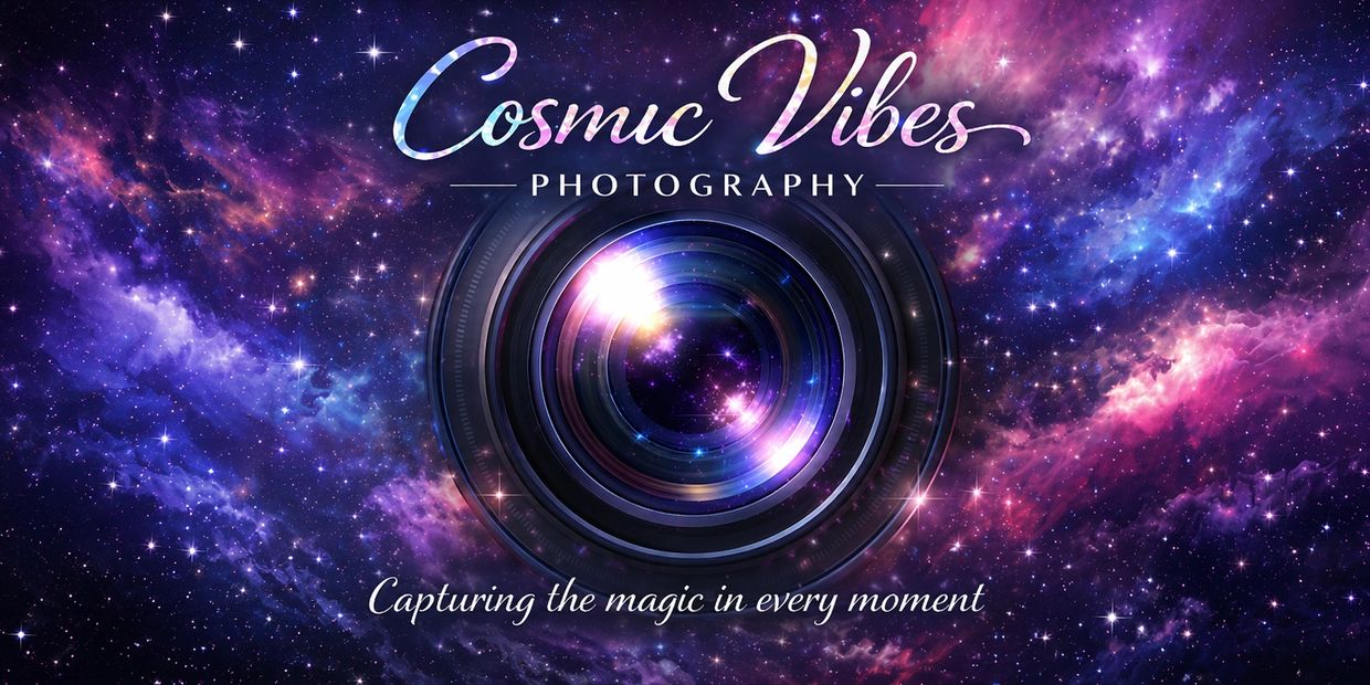 Cosmic Vibes Photography logo with a galaxy-themed camera lens and tagline.