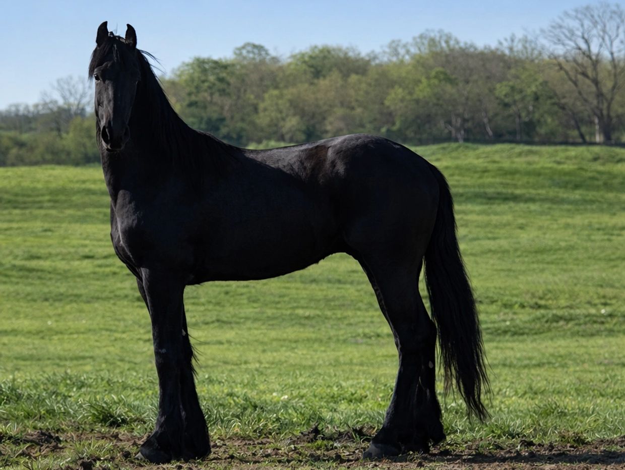 A majestic black horse stands in a green field under a clear sky.