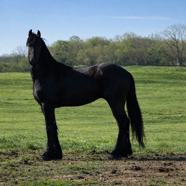 A majestic black horse standing in a green field under a clear blue sky.