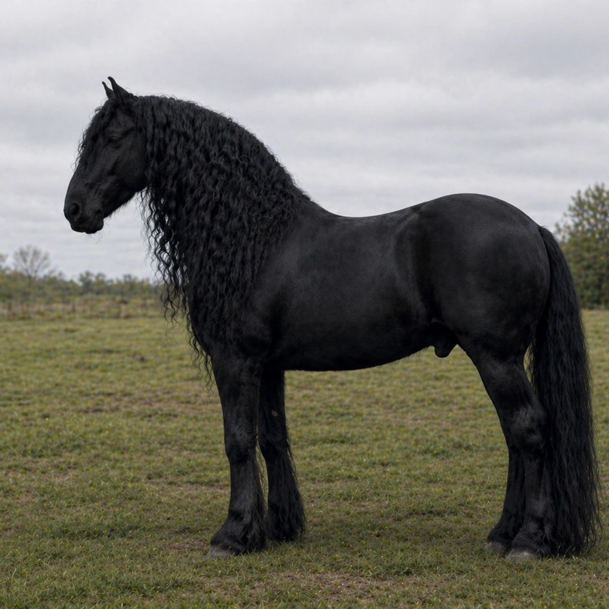 A majestic black horse with long, wavy mane standing in a grassy field under a cloudy sky.