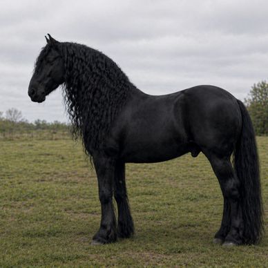 A majestic black horse with a curly mane standing in a grassy field.