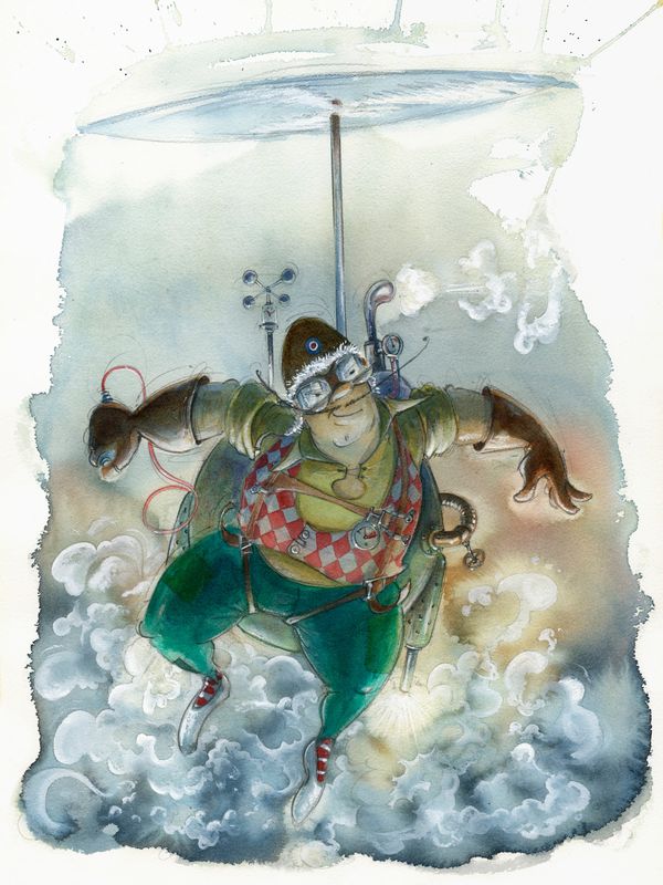 Martin Impey - illustration of a humorous inventor with a steam punk backpack and propellor.