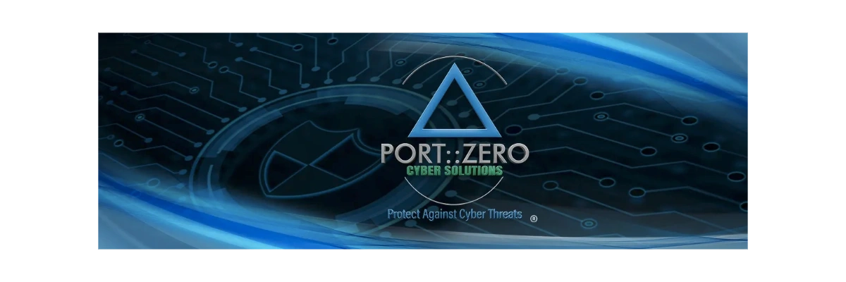 Logo of Port Zero Cyber Solutions with tech background.