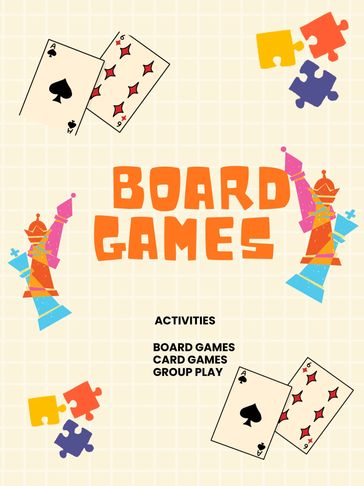 Colorful poster promoting board games, card games, and group play activities.