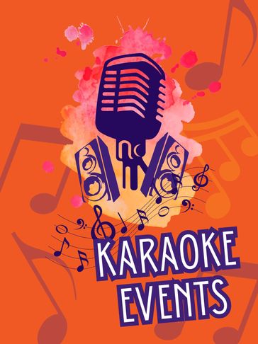 Colorful karaoke event poster with microphone and musical notes.