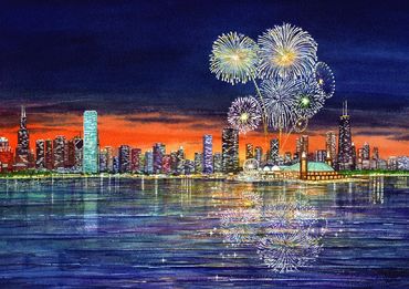 "Chicago Celebration" fireworks at Chicago's Navy Pier as seen from the Chicago Harbor Lighthouse