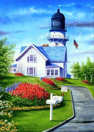 "Cape Elizabeth Light" a painting showing the remaining lighthouse of once was Two Harbors Lights, i