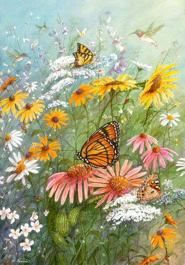 "Life In the Patch"   view of a flower patch with four butterflies, three hummingbirds and nine othe