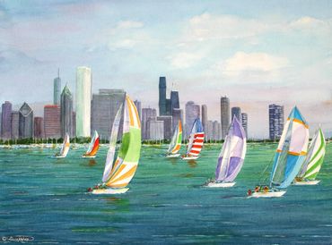 "Sails South of Chicago" a Watercolor painting showing the Chicago Skyline with sail boats in Lake M