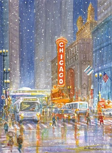 "Windy City Snow" a painting showing the Chicago Theatre and shoppers on State Street, during snowfa