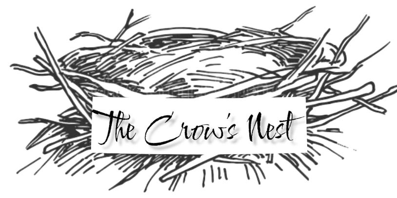 A detailed black and white sketch of a bird's nest with 'The Crow's Nest' text overlay.