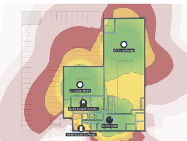 Coverage map showing signal strength levels in different zones of a facility.