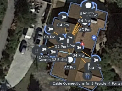 Aerial view of a house with labeled security camera placements.