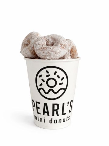 Paper cup filled with powdered mini donuts from Pearl's.