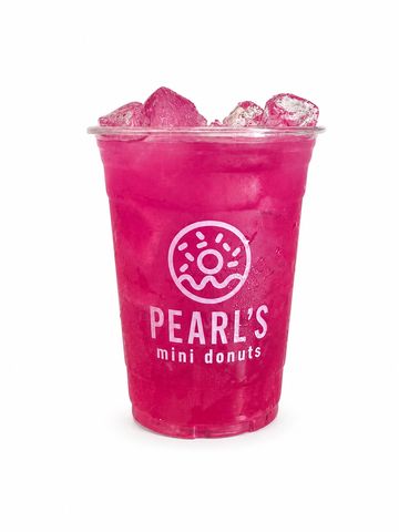 Bright pink iced drink in a Pearl's Mini Donuts cup.