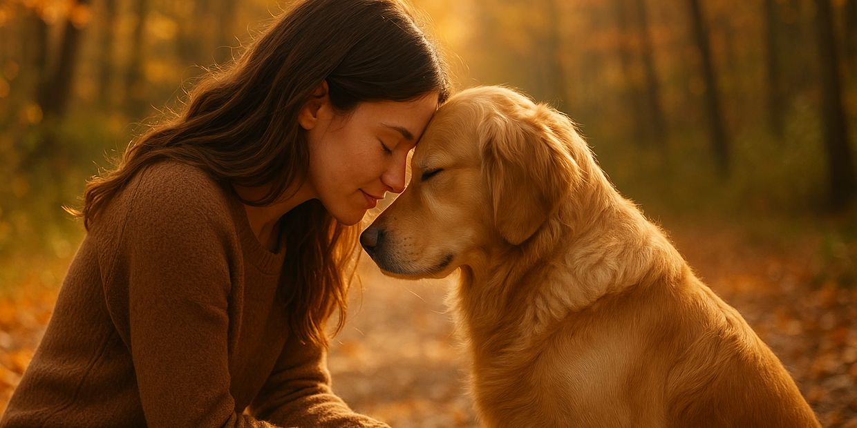 A woman and her golden retriever share a tender moment in an autumn forest.