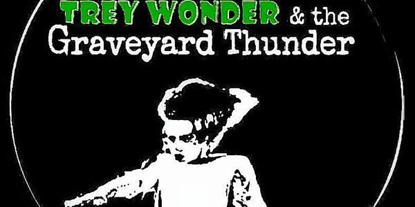Logo for Trey Wonder &amp; the Graveyard Thunder band with a black and white image of a figure.