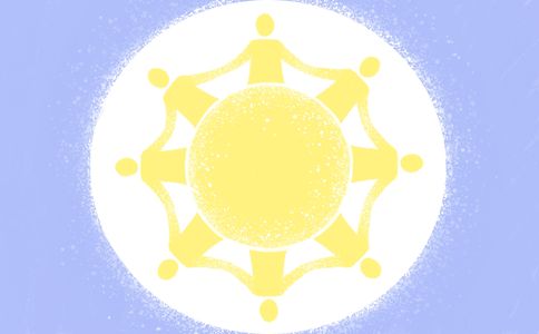Yellow figures holding hands around a central circle on a blue background.