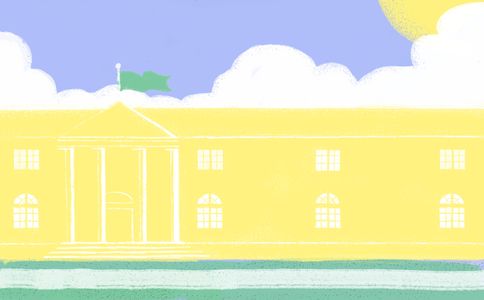 Illustration of a yellow building with a green flag under a bright sun.