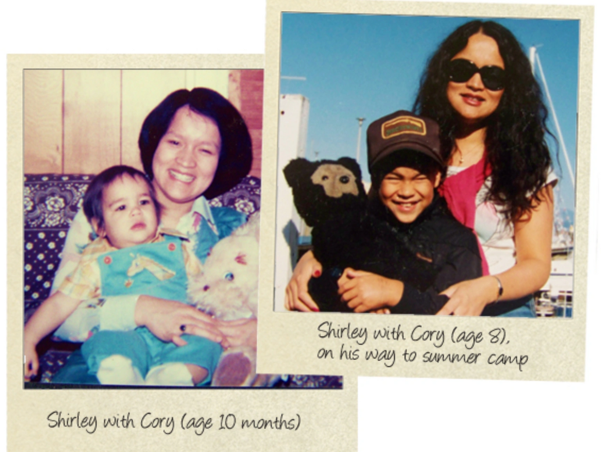 Two photos of Shirley with Cory at 10 months and 8 years old, smiling together.